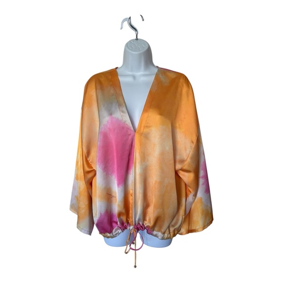Ramona LaRue Multicolor Satin Blouse Kimono Sleeve Drawstring Excellent Size M/L - Picture 2 of 9
